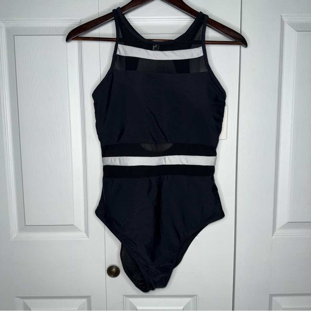 NWT Holipick Black One-Piece Swimsuit high neck mesh and white stripe Large